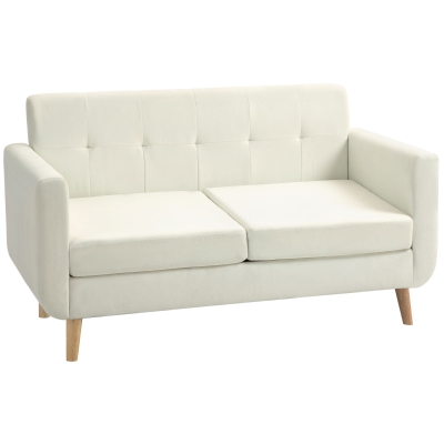 HOMCOM Sofá de 2 Lugares Estofado em Linho Sintético com Apoio para os Braços e Pés de Madeira Sofá Pequeno 138,5x70x75 cm Creme