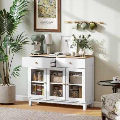 HOMCOM Aparador para Salón Moderno con 3 Puertas de Vidrio Estriado 2 Cajones y Estantes Ajustables 100x35x80,3 cm Blanco