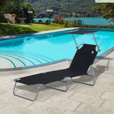 Outsunny Espreguiçadeira de Jardim Dobrável com Toldo Removível e Ajustável em Ângulo e Encosto Ajustável em 4 Posições para Jardim Terraço Campismo Exterior 187x58x36cm Preto