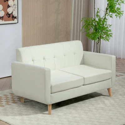 HOMCOM Sofá de 2 Lugares Estofado em Linho Sintético com Apoio para os Braços e Pés de Madeira Sofá Pequeno 138,5x70x75 cm Creme