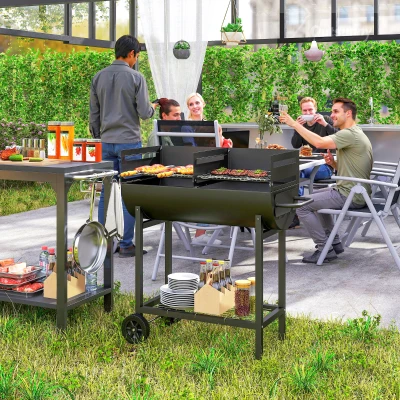 Outsunny Barbecue in Acciaio a 2 ruote con 2 Griglie Indipendenti