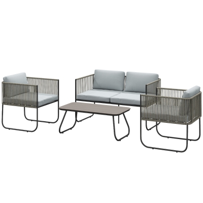 Komplet wypoczynkowy z Polyrattanu Outsunny: sofa + fotele + stolik z poduszkami, odporny na warunki atmosferyczne, 116 x 60 x 69 cm, Brązowy+Ciemnoszary