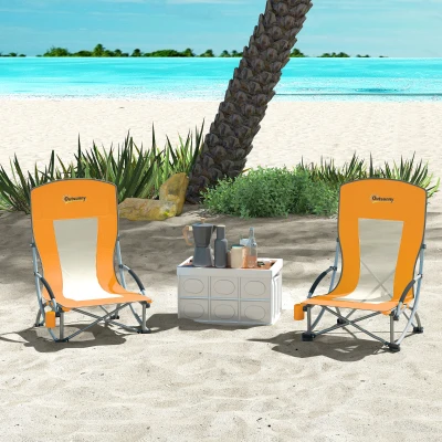 Outsunny Folding Beach Chairs Set of 2 with Cup Holder Orange