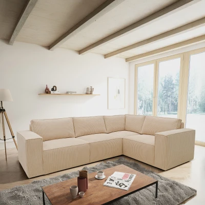 Ecksofa 101 017, Sofa, L-Form, Cord-Sofa, Couch, Polsterecke, Eckcouch, 277 x 197 x 84 cm (BxTxH), Creme