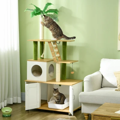 PawHut Kratzbaum Katzenbaum, inkl. Schrank, 1 Katzenhöhle, 80 x 48 x 160cm, 1 Leiter, Eiche + Weiß