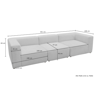 Sofa 800013, 3-Sitzer Garnitur, rechteckig, 3er Couch, 301 x 108 x 69 cm (BxTxH), Creme