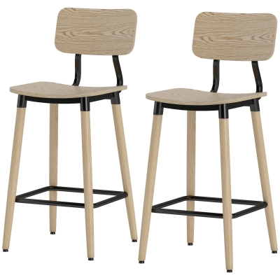 HOMCOM Set van 2 Barstoelen met Rugleuning, Voor Huisbar, Keukeneiland, Eetkamer, Hout, Metaal, Lichtbruin