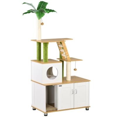PawHut Kratzbaum Katzenbaum, inkl. Schrank, 1 Katzenhöhle, 80 x 48 x 160cm, 1 Leiter, Eiche + Weiß