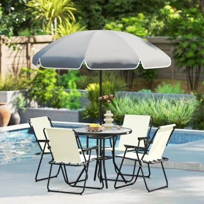 Outsunny Conjunto de Muebles de Jardín de 6 Piezas con Mesa Redonda Sillas Plegables y Sombrilla para Patio y Terraza Crema