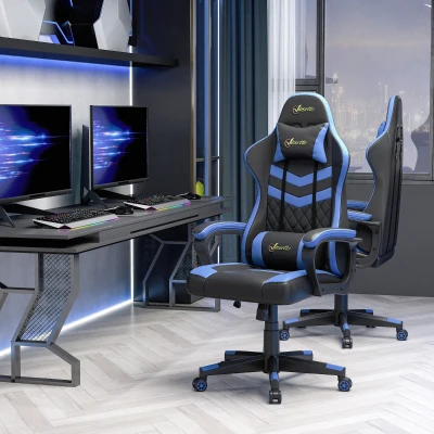 Vinsetto Silla Gaming Altura Regulable Basculante con Reposacabezas Cojín Lumbar 61x70x121-129 cm Azul