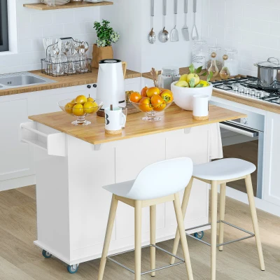 HOMCOM Isla de Cocina con Ruedas Carrito de Servicio con Encimera Extensible Cajones Barra y Especiero 128,8x75,5x92,5 cm Blanco