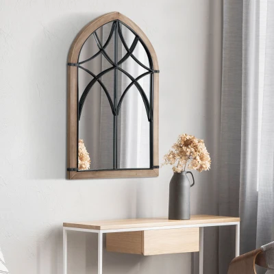 HOMCOM Espejo Decorativo de Pared de Madera 93x60 cm Espejo de Ventana con 2 Ganchos Estilo Vintage para Salón Dormitorio Comedor Entrada Marrón