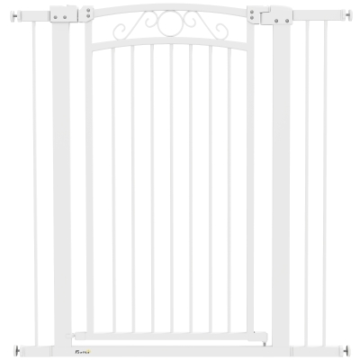 PawHut Puerta para Perros con Ancho Ajustable 76-104 cm Barrera de Seguridad con 2 Extensiones y Doble Bloqueo Blanco