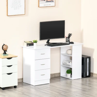 HOMCOM Mesa de Ordenador Escritorio para Hogar Oficina 3 Cajones 3 Estantes Mobiliario de Oficina 120x49x72cm Blanco