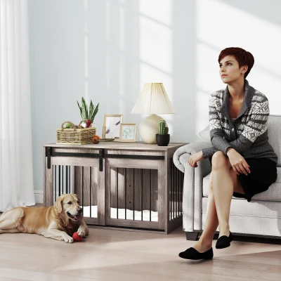 PawHut Dog Crate Furniture 100cm with Cushion - Brown