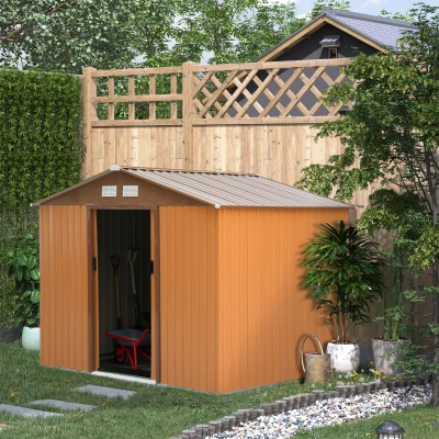 Outsunny Abrigo de Jardim Exterior 4,83m² 277x195x192cm Abrigo e Jardim Metálico para Armazenamento de Ferramentas com Base Incluída e 4 Janelas Marrom