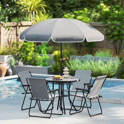 Outsunny Conjunto de Muebles de Jardín de 6 Piezas con Mesa Redonda Sillas Plegables y Sombrilla para Patio y Terraza Color Gris