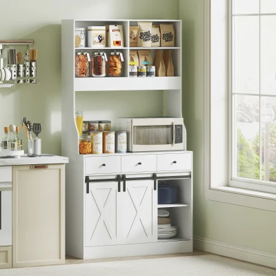 HOMCOM Armário de Cozinha com 2 Portas Corrediças 3 Gavetas Bancada para Micro-Ondas e Prateleiras Ajustáveis 93,5x40x180 cm Branco