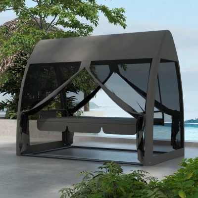 Outsunny Balancín de Jardín de 3 Plazas Convertible en Cama Columpio con Mosquitera Estructura de Metal 240x140x197 cm Gris