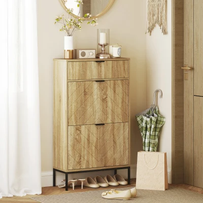 HOMCOM Sapateira Estreita com 2 Portas Gaveta e Prateleiras Ajustáveis para 8 Pares de Sapatos 60x24x105,5 cm Madeira