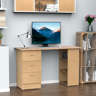 HOMCOM Mesa de Ordenador Escritorio para Hogar Oficina 3 Cajones 3 Estantes Mobiliario de Oficina 120x49x72cm Madera Natural