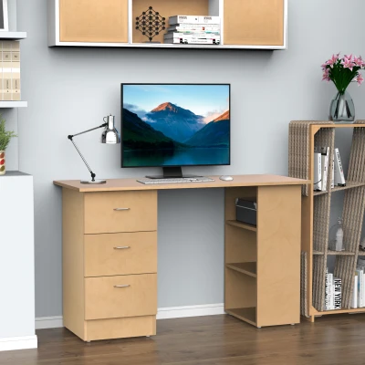 HOMCOM Mesa de Ordenador Escritorio para Hogar Oficina 3 Cajones 3 Estantes Mobiliario de Oficina 120x49x72cm Madera Natural