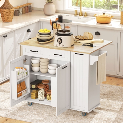 HOMCOM Isla de Cocina con Ruedas Toma de Corriente USB Tablero Plegable 2 Cajones Especiero y Toallero 119,5x74x94,5 cm Blanco