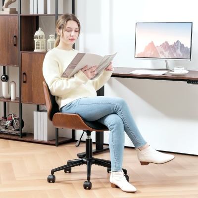 HOMCOM Silla de Escritorio sin Brazos Vintage Giratoria Tapizada en PU Madera Curvada Altura Ajustable Negro y Marrón