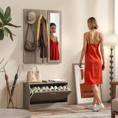 HOMCOM Set 3pz con Scarpiera Appendiabiti e Specchio Bianco Legno