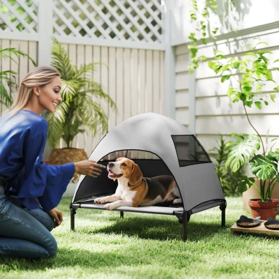 PawHut Hundeliege Outdoor mit Dach, Erhöhtes Hundebett für Mittelgroße Hunde, 76 x 61 x 71cm, Hellgrau