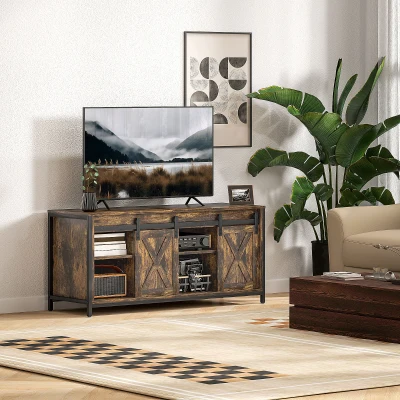 HOMCOM TV Lowboard, Industrial Design, für 60'' TVs, 6 Fächer, 2 Schiebetüren, Braun/Schwarz