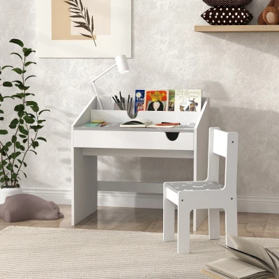 AIYAPLAY Conjunto de Secretária e Cadeira para Crianças com Gaveta Amovível e Compartimento para Dormitório Sala de Jogos Cinza e Branco
