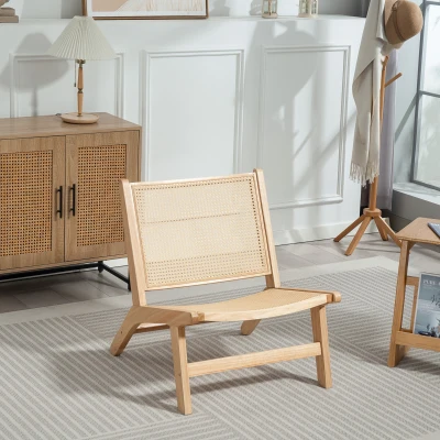 HOMCOM Butaca de Salón con Respaldo y Asiento Amplio de Ratán Marco de Madera para Dormitorio Sala de Estar Natural