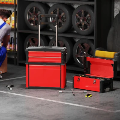 HOMCOM 3-traps Gereedschapskist Set met Wielen, In elkaar Grijpend, Staal, Plastic