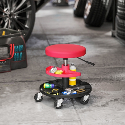 HOMCOM Taburete de Taller Giratorio con Ruedas Altura Ajustable de 40-51 cm y 2 Bandejas Carga 135 kg para Garaje Rojo