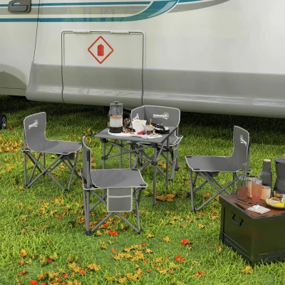 Outsunny Conjunto de Mesa y 4 Sillas de Camping Plegables con Bolsillos Laterales y Bolsa de Transporte Estructura Metálica Gris