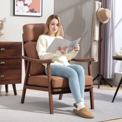 HOMCOM Sillón de Salón Tapizado en PU con Marco de Madera Cojines Acolchados Gruesos Marrón y Madera Nogal