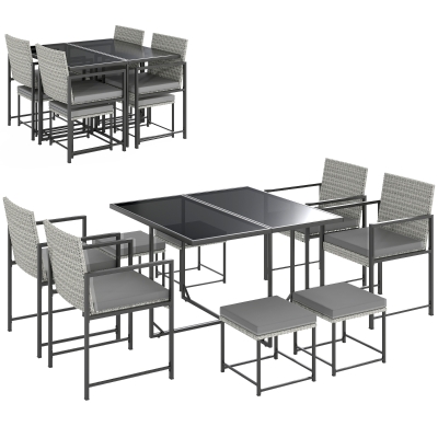 Outsunny Conjunto de Móveis de Jardim de Vime de 9 Peças com Mesa com Vidro Temperado 4 Cadeiras 4 Bancos Cinzento