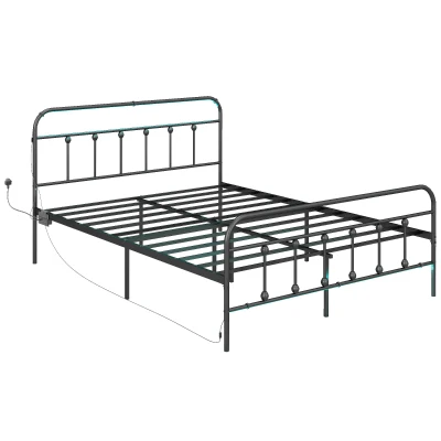 HOMCOM Metal Double Bed Frame LED Lights Storage Black