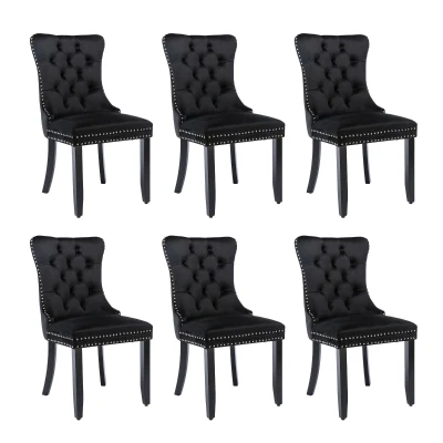 Set of 6 Velvet Dining Chairs with Button Tufted Backrest, Black