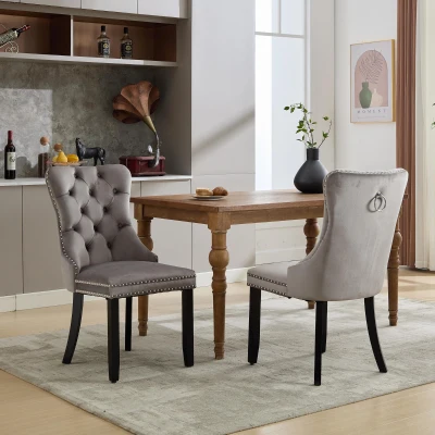 Set of 6 Velvet Dining Chairs with Button Tufted Backrest, Grey