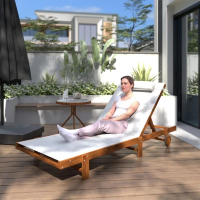 Outsunny Tumbona Reclinable de Madera con Ruedas Respaldo Ajustable y Cojín para Patio Terraza Balcón 200x84x101 cm Blanco y Teca