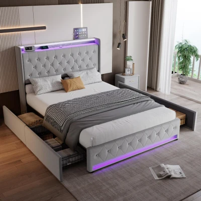 4ft6 Upholstered Double Bed with 4 Storage Drawers, Grey