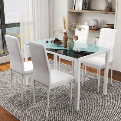 HOMCOM Conjunto de Comedor de Mesa y 4 Sillas 5 Piezas Mesa Rectangular de Vidrio Templado y Sillas Tapizadas en PU Blanco