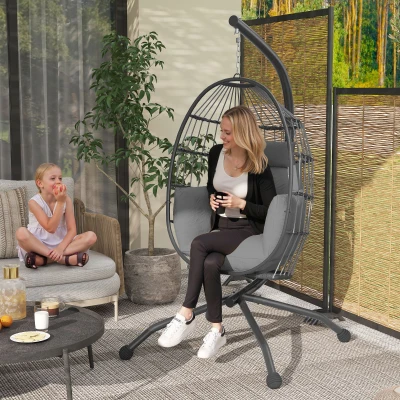 Outsunny Cadeira Suspensa com Suporte Cadeira Baloiço de Jardim com Cesto Dobrável Almofada e Apoio para a Cabeça 120x88x192 cm Cinzento