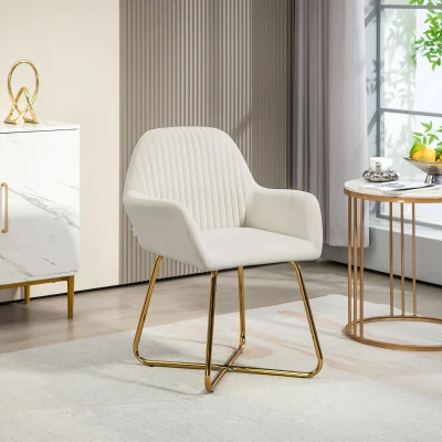 HOMCOM Cadeira de Sala de Jantar Estofada em Veludo com Base Metálica Cruzada Cadeira de Leitura 60x56,5x85 cm Creme