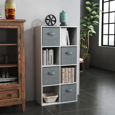 HOMCOM Estantería para Libros de 8 Cubos Librería Modular con 4 Cajones Extraíbles de Tela no Tejida para Oficina Estudio Dormitorio 61,5x30x121,6 cm Blanco y Gris