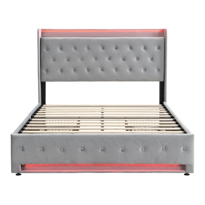 4ft6 Upholstered Double Bed with 4 Storage Drawers, Grey