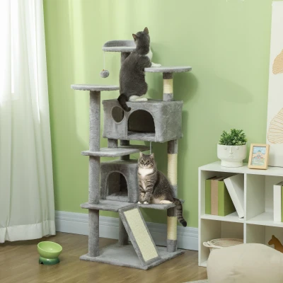 PawHut Rascador para Gatos Altura 138 cm Árbol para Gatos con Múltiples Niveles Cuevas Bolas Colgantes y Hamacas Gris Claro