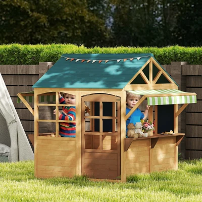 AIYAPLAY Kinderspielhaus aus Tannenholz, Faltbares Häuschen mit Fenstern, Tür, für Kinder im Alter von 3-8 Jahren, Braun+Blau